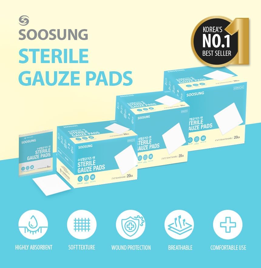 Sterile Gauze Pads 3x3 Inch (100 Count), 8-Ply Dense Woven Cotton, 32.3 g/m², Highly Absorbent, Latex-Free Wound Dressing for Cuts, Wound Care & First Aid, 20 Sterile Pouches of 5 – SOOSUNG
