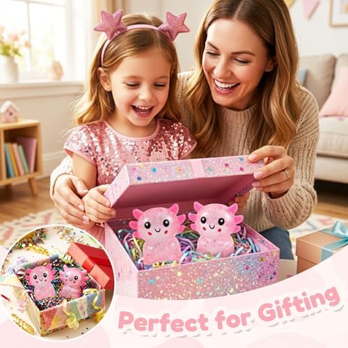 Glitter Axolotls Squishies Toy, Stretchy Axolotls Stress Ball, Fidget Toy for Anxiety Relief and Sensory Play, Pocket Size Squeeze Toys Gift for Kids Teens Adults.(Pink)