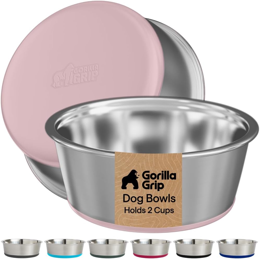 GORILLA GRIP Dog Bowls, Food Grade Stainless Steel, Set of 2, 2 Cup, Black | 304 Stainless Steel Pet Feeding Bowls Hold 16 fl oz Each, Dishwasher Safe, Rust Resistant, BPA Free Rubber Base