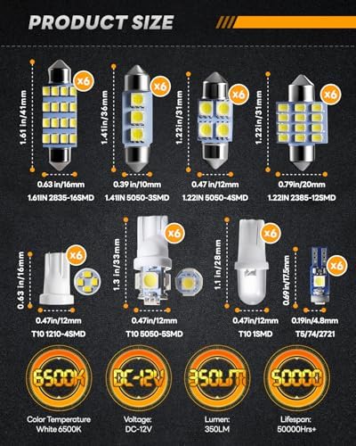 48Pcs Led Interior Car Lights Kit, Premium Bright White Led Bulb (194 T10 T5 De3175 W5W 2825 578 168) | Dome Map Dash Door License Plate Tail Light Bulbs, Interior Lights for Cars, Trucks, Rv, Boat
