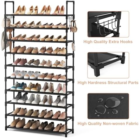 VTRIN 10 Tier Shoe Rack Tall Large Capacity Wide Shoe Organizer with Two Hooks Sturdy Metal Shoe Shelf for Entryway, Closet, Bedroom