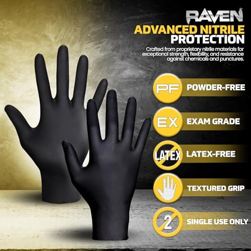 Raven Powder Free Nitrile Disposable Gloves | 7 Mil | Latex Free, Chemical + Puncture Resistant, Single Use |