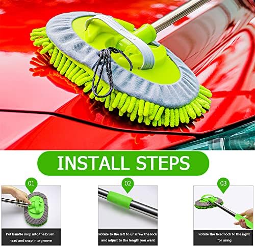 WillingHeart 47.5" Car Wash Brush Mop Cleaning Tool with Long Handle Kit for Washing Detailing Cars Truck, SUV, RV, Trailer, Boat 2 in 1 Chenille Microfiber Sponge Duster Not Hurt Paint Scratch Free