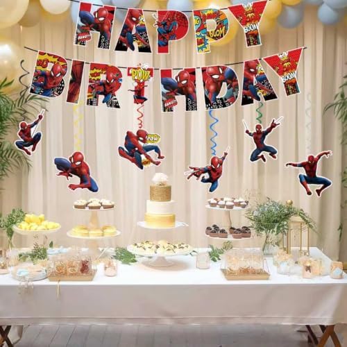 Spider Happy Birthday Banner, Party Decoration With 6 Vortex Decorative Pendants