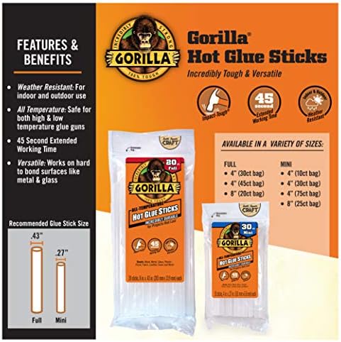 Gorilla Hot Glue Sticks, Clear, Full Size, 8" x 0.43", 20 Count