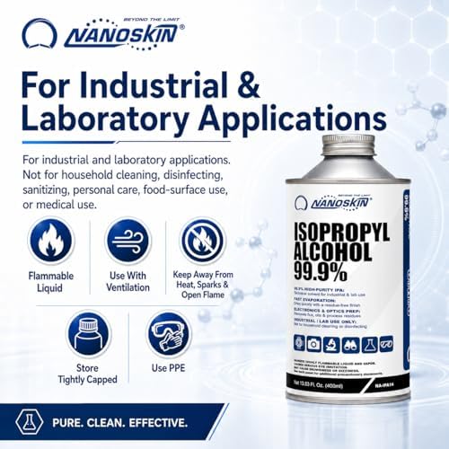Nanoskin 99.9% Isopropyl Alcohol (IPA) – High-Purity Technical Grade Alcohol for Industrial & Laboratory Use, Fast Evaporating, Low-Residue Formula – 13.5 fl oz (400 mL), Single Pack