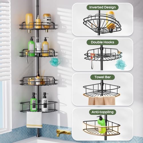 HAMITOR Corner Shower Caddy Tension Pole: No-Drill Rustproof Bathroom Shelf