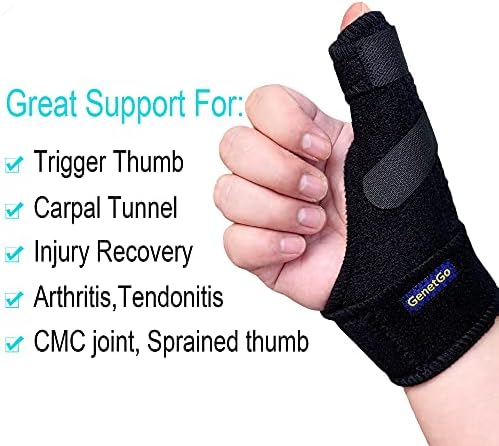 GenetGo Trigger Thumb Splint - Thumb Spica Support Brace Stabilizer for Pain, Sprains, Arthritis, Tendonitis (Right Hand or Left Hand) (Black)