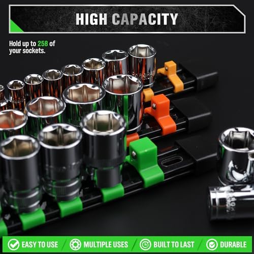 SWANLAKE Socket Organizer Set 18-Piece, 1/4-Inch x 96 Clips, 3/8-Inch x 90 Clips, 1/2-Inch x 72 Clips, Socket Organizer for Tool Box Drawer, Drive Socket Trays, Socket Holder Clip Rail