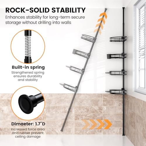 Adjustable Tension Pole Shower Caddy: Rustproof Corner Bathroom Organizer