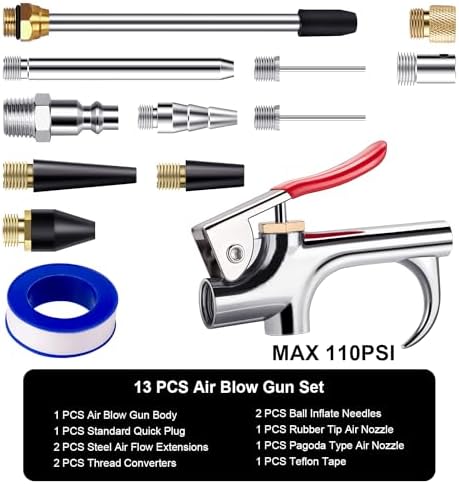 13 Pcs 2-Way Connection Air Nozzle Blow Gun Set, 1/4-Inch NPT Quick Fitting