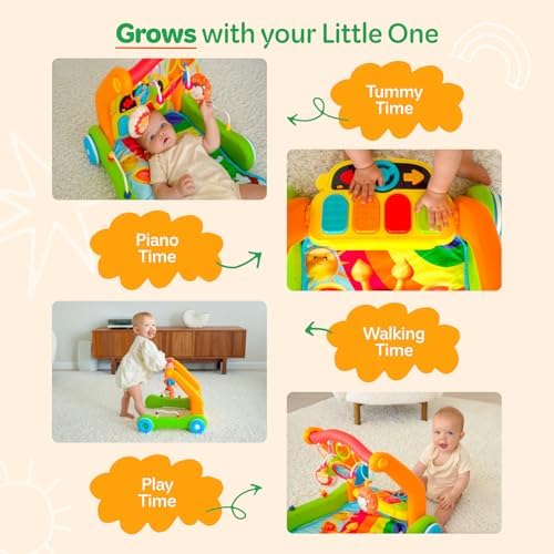 Move2Play, Kick & Play Piano Baby Mat | Grow with Me 4-in-1 | Tummy Time Play Mat, Sit-to-Stand, Musical Activity Gym & Infant Push Walker | for Babies 0-6 & 6-12 Months