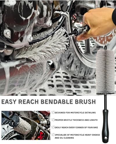 oesee 8 Pack Motorcycle Cleaning Kit - Professional Safe for Chrome/Engine/Tires, Hard Reach Brush, Microfiber Mitt, Detailing Tools, Drying Towel & Wax Applicators