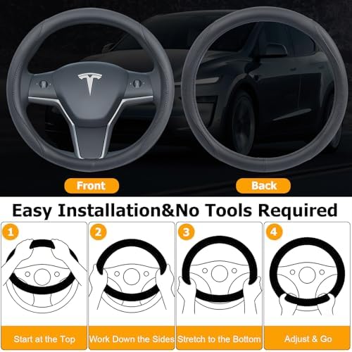Ouzorp Nappa Leather Steering Wheel Cover for Tesla Model 3 2016-2025 Highland and Model Y 2020-2026 Juniper with Anti-Slip & Breathable Surface-Black