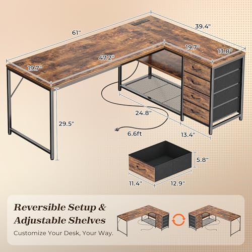 PRAISUN 61" L Shaped Desk with Power Outlets & 4 Drawers