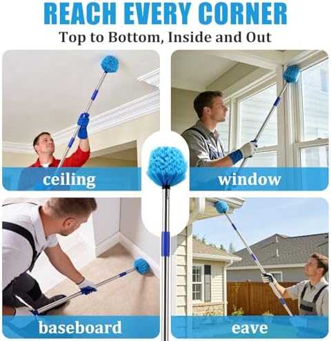 Cobweb Duster with Extension Pole - 6 FT Lightweight Stainless Steel Extendable Duster Ceiling Fan Duster for High Ceilings, Medium Stiff PET Bristle Spider Web Brush for Indoor/Outdoor Cleaning
