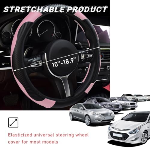povtii Car Steering Wheel Cover, 15 Inch Leather Breathable Auto Steering Wheel Protector, Comfortable Non-Slip Vehicle Steering Wheel Covers, Universal Interior Car Accessories (Black+Pink)