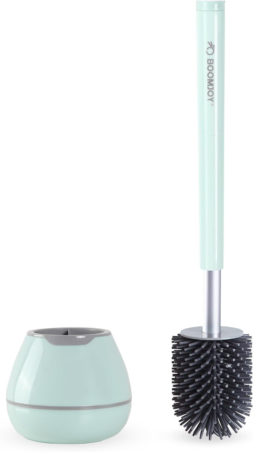 BOOMJOY Toilet Brush and Holder Set, Silicone Toilet Bowl Cleaner Brush, Bathroom Cleaning Bowl Kit with Tweezers, Bathroom Accessories with Aluminum Handle - White
