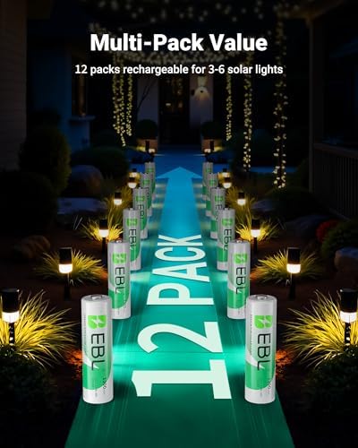 EBL Solar AA Battery Rechargeable Batteries for Solar Lights, 12 Pack
