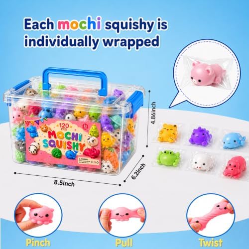 120 Pack Mochi Squishy Toys, Kawaii Mini Squishies Bulk Party Favors for Kids 8-12, Sensory Fidget Toys, Classroom Treasure Box Prizes, Goodie Bag Stuffers, Birthday Gifts