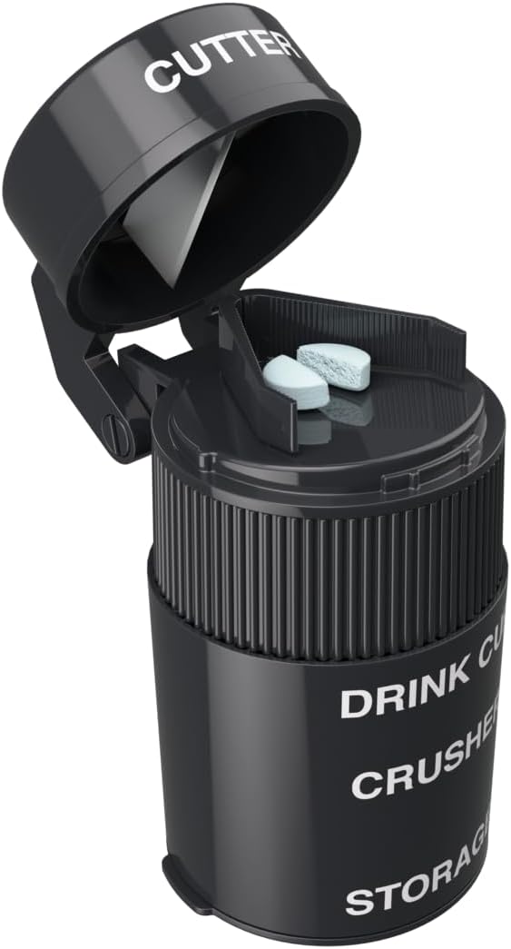 EZY DOSE 3 Compartment Pill Crusher, Cutter and Grinder, Daily Usage, Safely Cut Pills, Vitamins, Tablets, Accurate and Easy Cutting, Stainless Steel Blade, Removable Drinking Cup, Blue, BPA Free