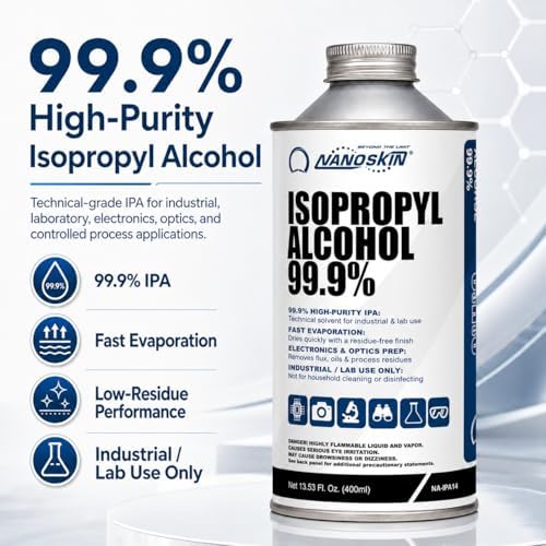 Nanoskin 99.9% Isopropyl Alcohol (IPA) – High-Purity Technical Grade Alcohol for Industrial & Laboratory Use, Fast Evaporating, Low-Residue Formula – 13.5 fl oz (400 mL), Single Pack