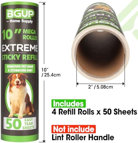 10 Inch Lint Roller Refills, 4 Rolls 200 Sheets Large Lint Rollers for Pet Hair Extra Sticky, Easily Remove Carpets, Clothes, Couch and Curtains Dust (Not Include Lint Roller Handle)