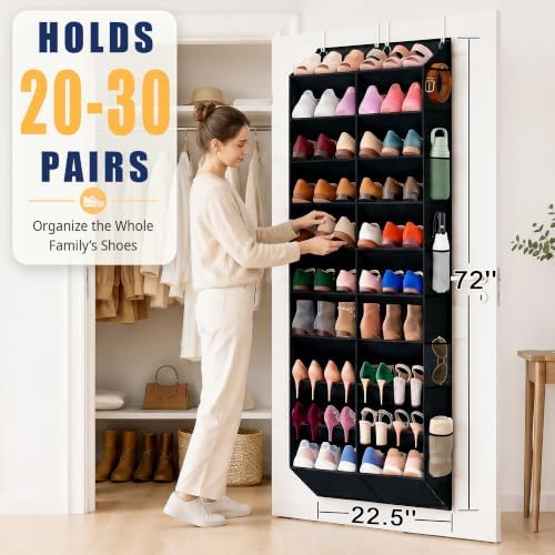 UVIAHOMI 20-30 Pairs Over the Door Shoe Organizer with Side Mesh Pockets, 10-Tier Hanging Shoe Storage for Closet, Breathable Door Shoe Rack Holds Sneakers, Boots, Heels & Daily Essentials, Black