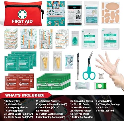 General Medi Mini First Aid Kit, 110 Piece Small First Aid Kit - Includes Emergency Foil Blanket, Scissors for Travel, Home, Office, Vehicle, Camping, Workplace & Outdoor (Red)
