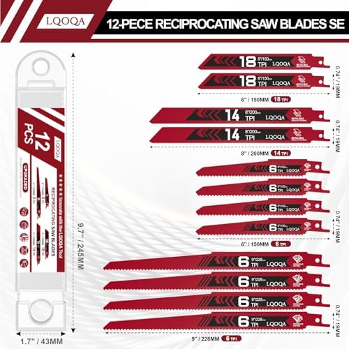 12-Piece Bi-Metal Reciprocating Saw Blade Set，Premium 6 & 8 & 9 Inch Wood & Metal Cutting Saw Blades withstorage Box，Long-Lasting Pruning Blades