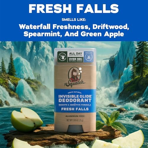 Dr. Squatch Invisible Glide Natural Men’s Deodorant – Smooth Glide, No Stains – Aluminum Free Deodorant Men – Safe for Sensitive Skin – Fresh Falls, 2.65oz (2-Pack)