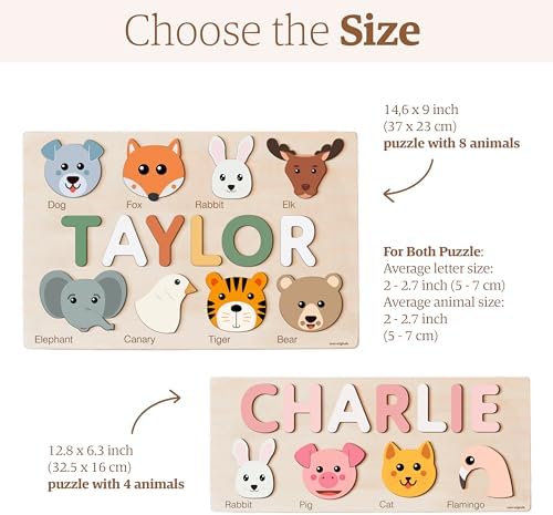 Zuzu Puzzle Personalized Name Puzzle for Toddlers 1-3 | Safari, Farm & 12 Themes | Handmade Wooden Montessori Toy, Keepsake Nursery Decor & Perfect 1st Birthday Gift for Boy Girl