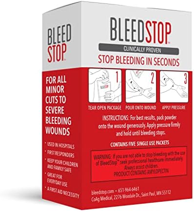 BleedStop™ First Aid Powder for Blood Clotting, Trauma Kit, Blood Thinner Patients, Camping Safety, and Survival Equipment for Moderate to Severe Bleeding Wounds or Nosebleeds 5 Pack 15g