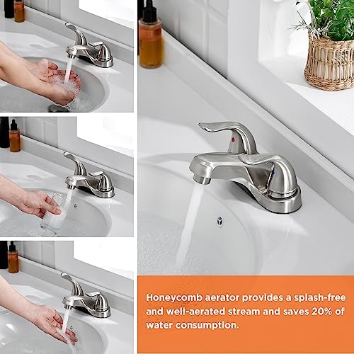 Bathroom Sink Faucets 2/3 Hole,Brushed Nickel Dual Handles 4 inch Plastic Plating Over Bathroom Faucet with Pop-up Drain and 2 Supply Hoses for Apartment Rvs Sink Vanity