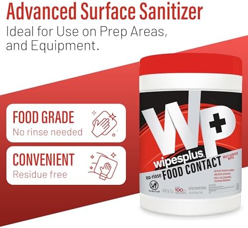 WIPESPLUS Cleaning Wipes All Purpose Food Contact - No Rinse, No Residue, Quick Dry Formula, Disinfecting Wipes For Restaurants, Foodservice, Schools - Canister, 100 Count