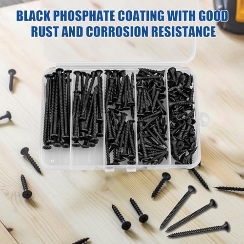 Wood Screws Assortment, 168 PCS #6 Black Flat Head