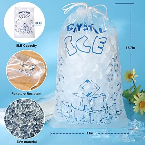 Ice Bags 8 lb with Drawstring, 50 Count Ice Bag for Ice Machine, Heavy-Duty Reusable Ice Cube Bags, Portable Storage and Freezer Keeper
