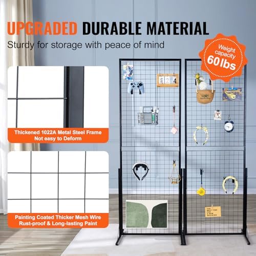 VEVOR 2 x 5.6 Ft Grid Wall Panels, 2 Packs Wire Gridwall Display Racks Tower with T-Base, Floorstanding Double Side Gridwall Panels, Retail Display with Extra Clips and Hooks for Art Craft Shows