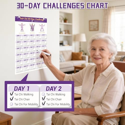 Tai Chi Workout Chart Poster Set for Seniors&Beginners,Purple,11.8X8.3inch