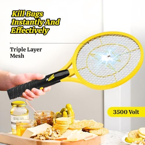 ZAP IT! Battery Powered Fly Swatter Racket - 3,500-Volt Mosquito Zapper with 2 AA Batteries Included and LED Light -Medium- Safe 3-Layer Mesh, Dark Yellow, Bug Zapper Racquet for Indoors and Outdoors