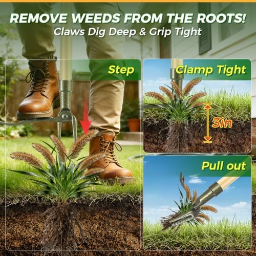 Weed Puller Tool, Stand Up Heavy Duty Weed Remover Tool with Long Handle – 4-Claw Steel Head Weeder for Dandelions, Bamboo Garden Hand Weeding Tool, No Kneeling for Easy Root Removal