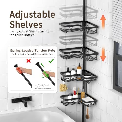 KEGII Corner Shower Caddy Tension Pole, Large Capacity Bathroom Organizer