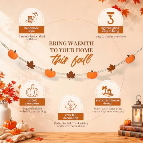 6.8 FT Fall Pumpkin Garland with Maple Leaves and Wood Beads, Autumn Decor