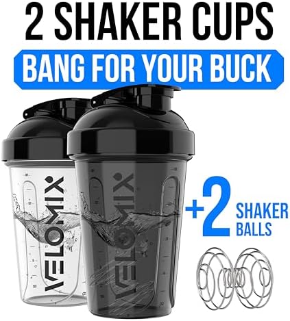 VELOMIX 2 Pack 20oz Protein Shaker Bottle for Protein Mixes, Black/Transpar