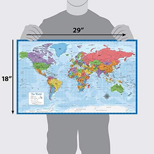 Laminated World Map Poster - Wall Chart Map of Earth - 18" x 29" (Blue)