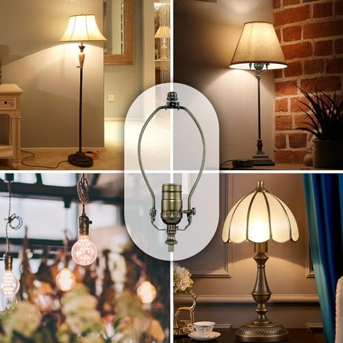 Lamp Rewire Kit - 3-Way Socket With Matching Cord and Harp Set for Table or Floor Lamp Repair, Essential Hardware for DIY Design (Antique Brass, 1)