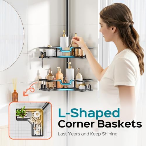 HAMITOR Shower Caddy Tension Pole: 4-Tier Adjustable Corner Organizer Black