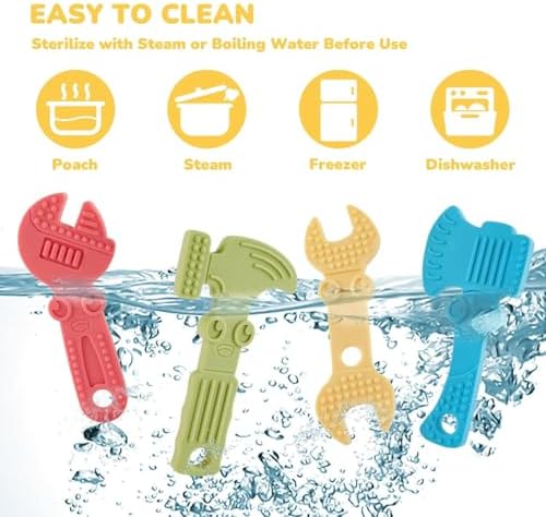 TYRY.HU Baby Teething Toys for Babies 0-6 Months 6-12 Months, BPA Free Silicone Baby Molar Teether Chew Toys, Hammer Wrench Spanner Pliers for Boys Girls, Soft-Textured, Easy to Hold & Clean, 4 Packs