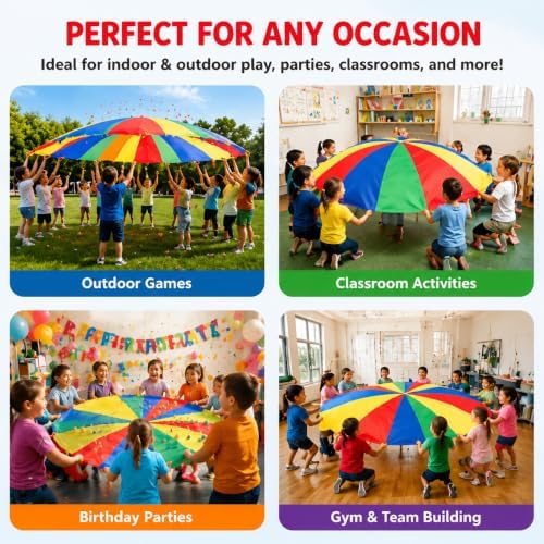 Sonyabecca Parachute, Kids Play Parachute 12ft with 12 Handles for Cooperation Group Game, Suitable for School, Outdoor, Summer Camp (12 Feet)
