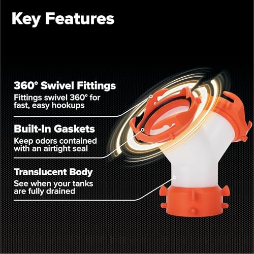 Camco RhinoFLEX Camper/RV Wye Sewer Hose Fitting | Features 360-Degree Swivel Ends & Built-In Gaskets for Odor Tight Connection | Allows for 2 Sewer Hoses to Connect to the Same Dump Station (39812),